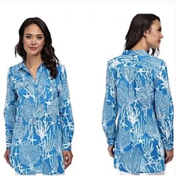 Lilly Pulitzer Captiva Tunic Brewster Blue Good Reef Starfish Tunic Top L 54519 - Picture 1 of 12